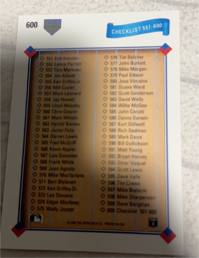 1991 Upper Deck #600 Checklist: 551-600 — front