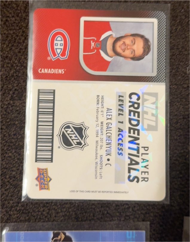 2017-18 Upper Deck MVP NHL Player Credentials Level 1 Access Alex Galchenyuk — front