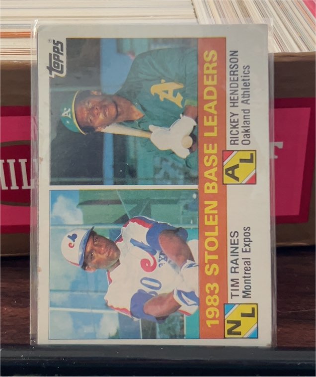 1984 Topps #134 1983 Stolen Base Leaders Rickey Henderson Tim Raines — front