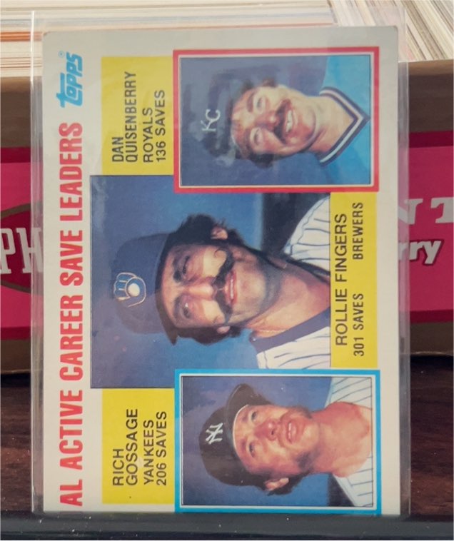1984 Topps #718 AL Active Career Save Leaders Rollie Fingers, Rich Gossage, Dan Quisenberry — front