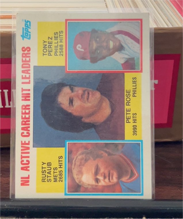 1984 Topps #702 NL Hit Leaders Pete Rose/Tony Perez/Rusty Staub — front