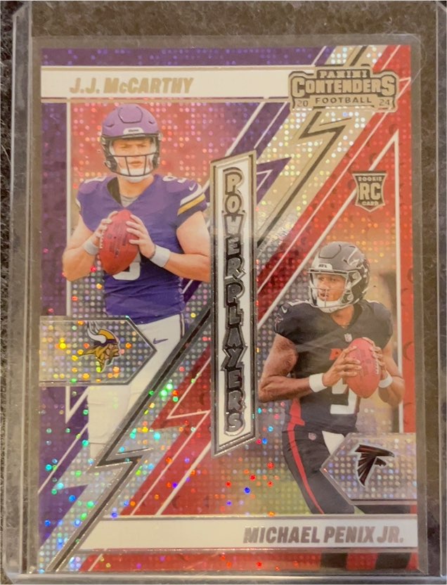 2024 Panini Contenders #21 J.J. McCarthy / Michael Penix Jr. Power Players Rookie Card — front