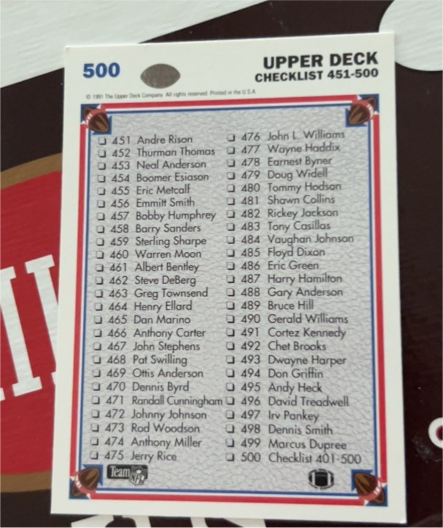 1991 Upper Deck Football Checklist #500 — front