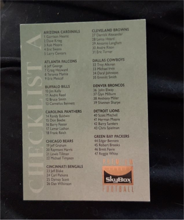 1995 SkyBox Premium Football Checklist A — front