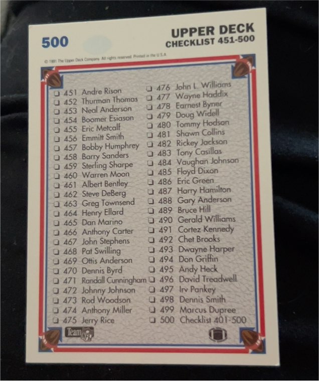 1991 Upper Deck Football Checklist #500 — front
