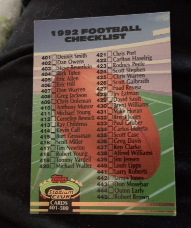 1992 Topps Stadium Club Football Checklist #599 — front