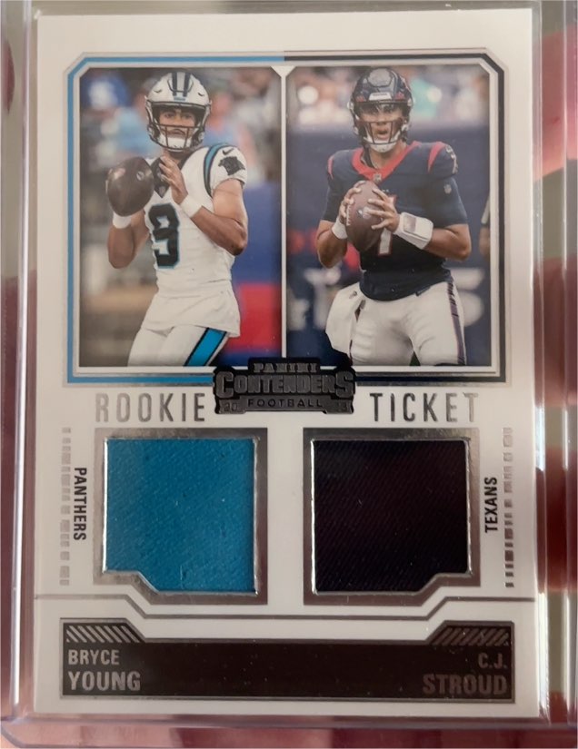 2023 Panini Contenders #DS-1 Bryce Young / C.J. Stroud Rookie Ticket Dual Patch — front