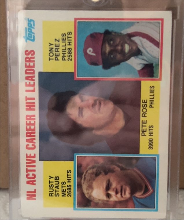 1984 Topps #702 NL Active Career Hit Leaders Pete Rose, Rusty Staub, Tony Perez — front