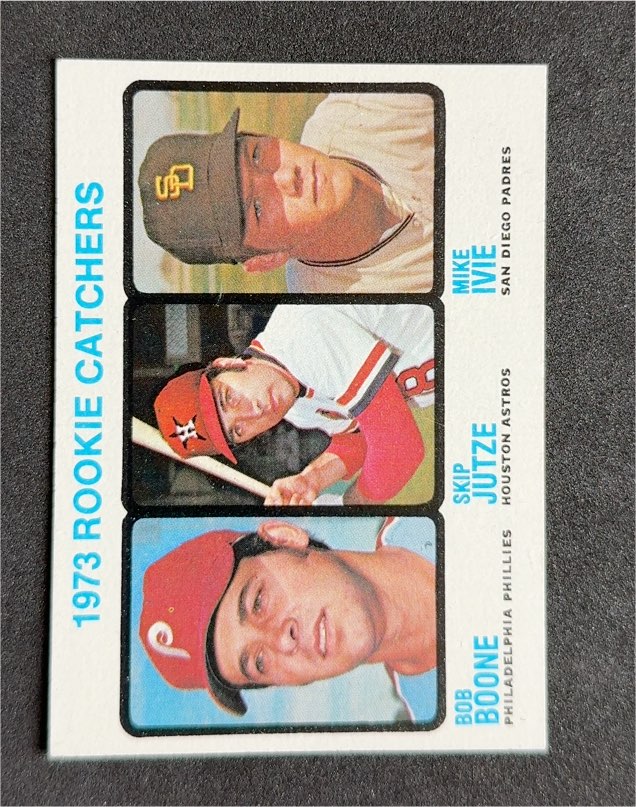 1973 Topps #613 Bob Boone/Skip Jutze/Mike Ivie Rookie Catchers — front