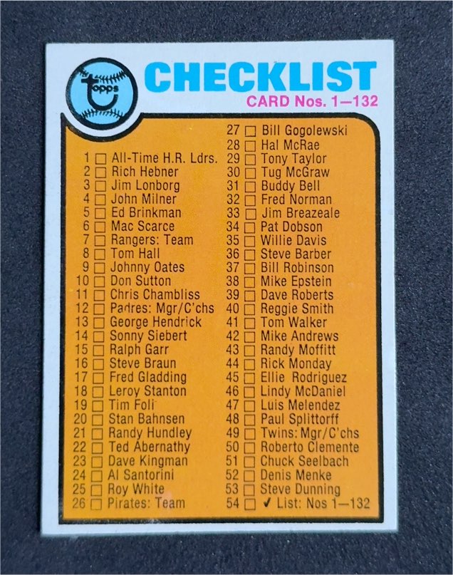 1973 Topps #54 Baseball Checklist 1-132 — front