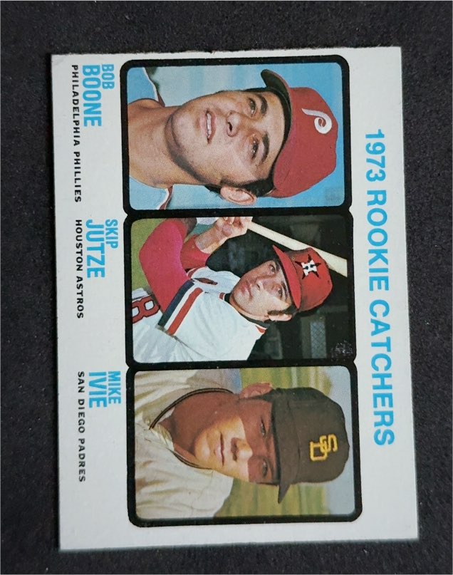 1973 Topps #613 Bob Boone/Skip Jutze/Mike Ivie Rookie Catchers — front