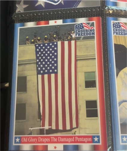 2001 Topps Enduring Freedom #4 Old Glory Drapes The Damaged Pentagon — front