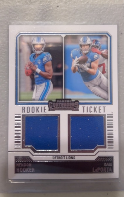 2023 Panini Contenders Rookie Ticket Dual Swatches #DS-10 Hendon Hooker/Sam LaPorta — front