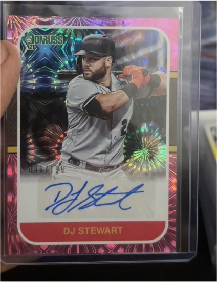 2021 Panini Donruss #87S-DJ DJ Stewart Auto Pink Fireworks — front