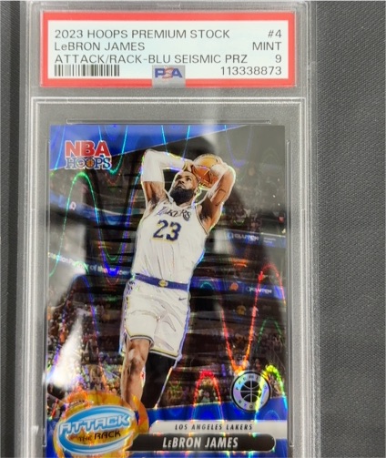 2023 Hoops Premium Stock #4 LeBron James Attack the Rack Blue Seismic Prizm — front