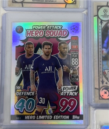 2021-22 Topps Match Attax UCL Power Attack Hero Squad #PAS 1 Lionel Messi, Kylian Mbappe, Neymar Jr — front