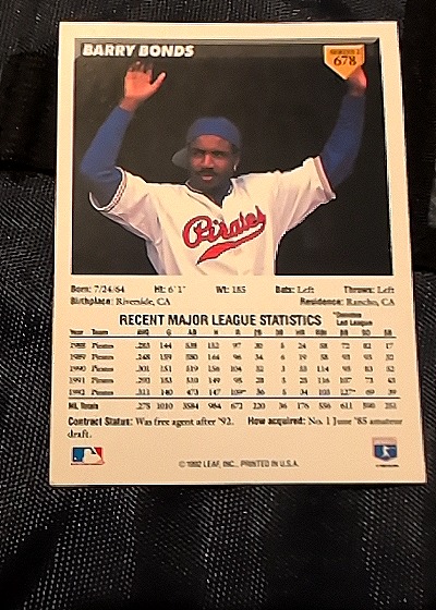 1993 Donruss #678 Barry Bonds — back