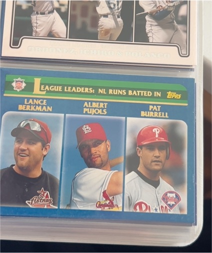 2003 Topps #346 NL RBI Leaders Lance Berkman/Albert Pujols/Pat Burrell — front