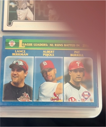 2002 Topps #346 NL RBI Leaders Lance Berkman, Albert Pujols, Pat Burrell — front