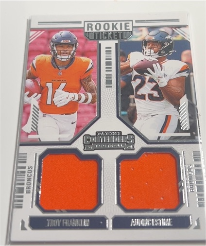 2024 Panini Contenders #DS-9 Troy Franklin/Audric Estime Rookie Ticket Dual Patch — front