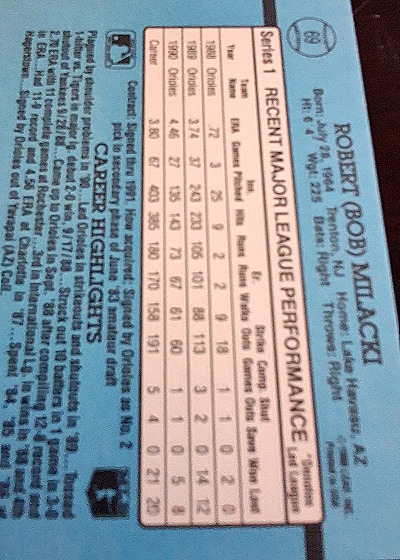 1991 Donruss #69 Bob Milacki — back