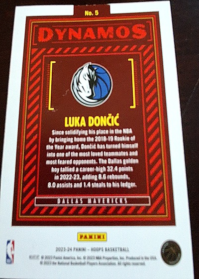 2023-24 Panini Hoops #5 Luka Doncic Dynamos Dallas Mavericks — back
