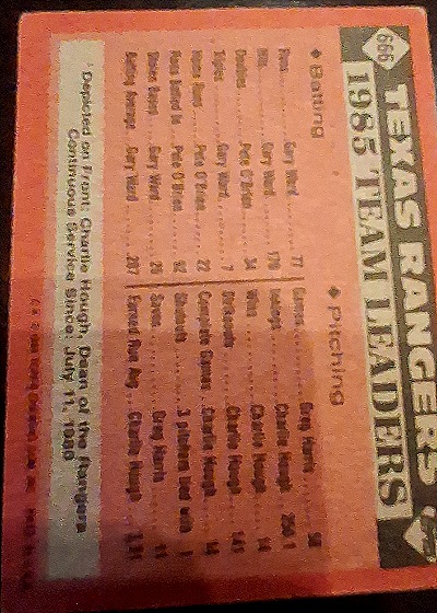 1985 Topps #666 Texas Rangers Leaders — back