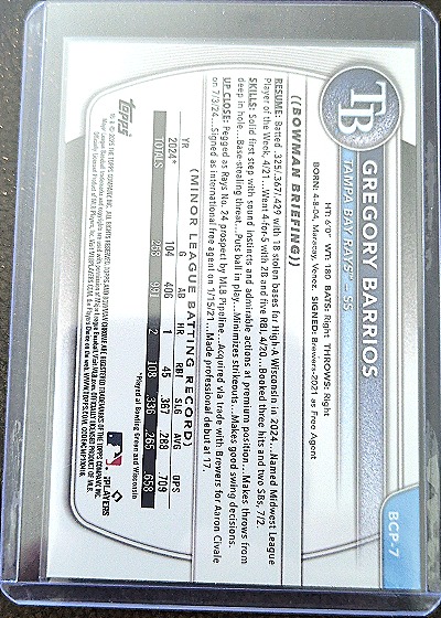 2025 Bowman #BCP-7 Gregory Barrios Chrome Prospects — back