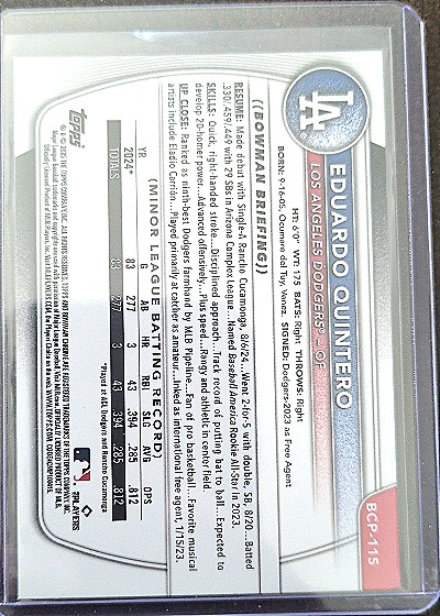 2024 Bowman Chrome Prospects #BCP-115 Eduardo Quintero — back