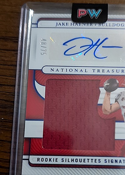 2023 Panini National Treasures #RSS-JAH Jake Haener Rookie Silhouettes Signature Patch Auto — front