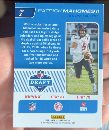 2017 Panini Score NFL Draft #2 Patrick Mahomes II — front