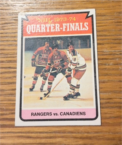 1974 Topps #210 Quarterfinals Rangers vs. Canadiens — front