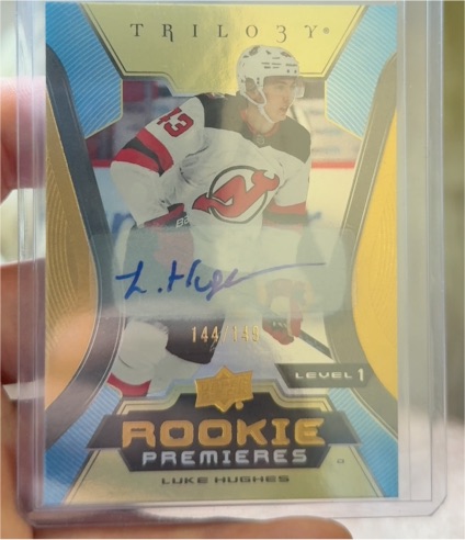 2023-24 Upper Deck Trilogy #147 Luke Hughes Rookie Premieres Level 1 Auto — front