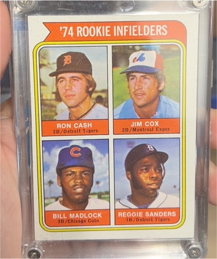 1974 Topps #600 Ron Cash / Jim Cox / Bill Madlock / Reggie Sanders Rookie Infielders — front