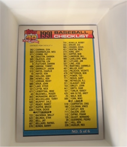 1991 Topps 40 Years of Baseball Checklist No. 5 of 6 — front