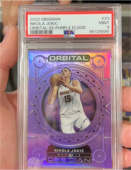 2022 Panini Obsidian #23 Nikola Jokic Orbital-EE Purple Flood — front