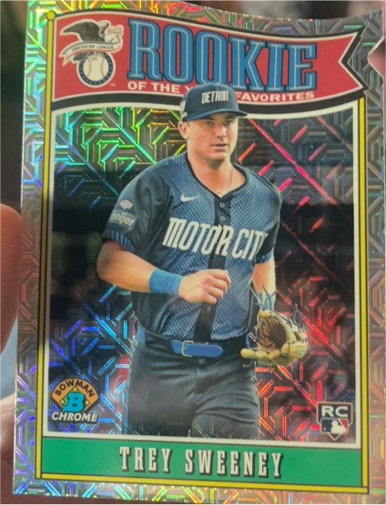 2025 Bowman Chrome #ROY-12 Trey Sweeney Rookie of the Year Favorites Mojo Refractor — front