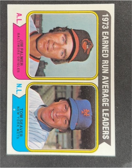 1974 Topps #206 1973 Earned Run Average Leaders Jim Palmer / Tom Seaver — front
