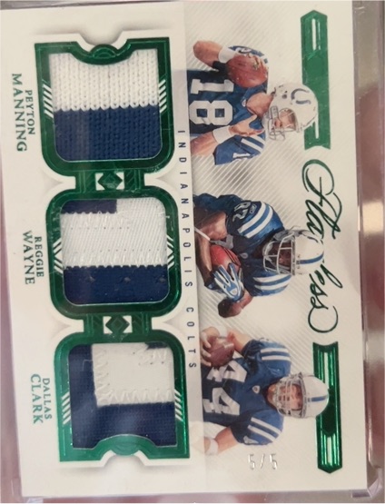 2022 Panini Flawless Triple Patch #5 Peyton Manning Reggie Wayne Dallas Clark — front