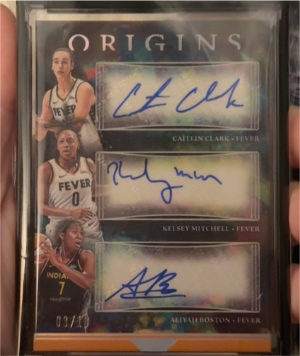 2024 Panini Origins WNBA #03/25 Caitlin Clark Kelsey Mitchell Aliyah Boston Triple Auto — front