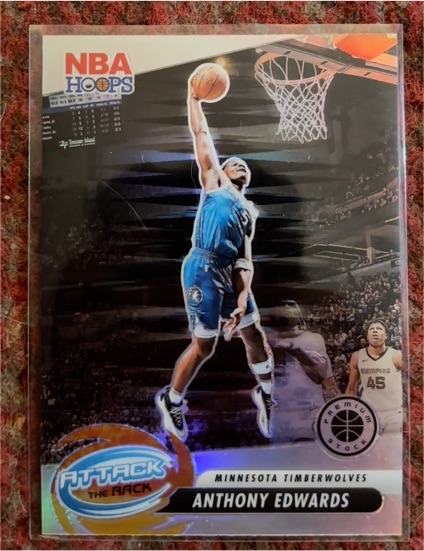 2023-24 Panini NBA Hoops Premium Stock #7 Anthony Edwards Attack The Rack Silver Prizm — front