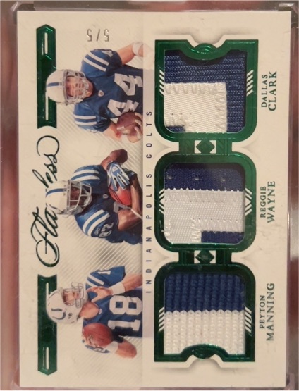 2012 Panini Flawless #1 Peyton Manning Reggie Wayne Dallas Clark Triple Patch — front