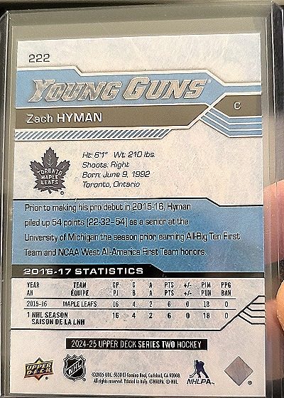 2024-25 Upper Deck Series 2 #222 Zach Hyman Young Guns Renewed — back