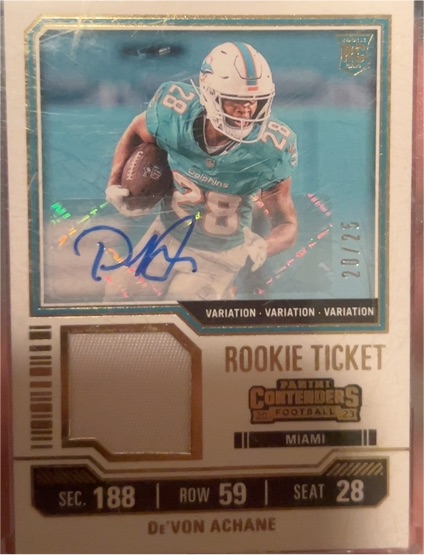 2023 Panini Contenders Football #TS97 De'Von Achane Rookie Ticket Patch Variation — front