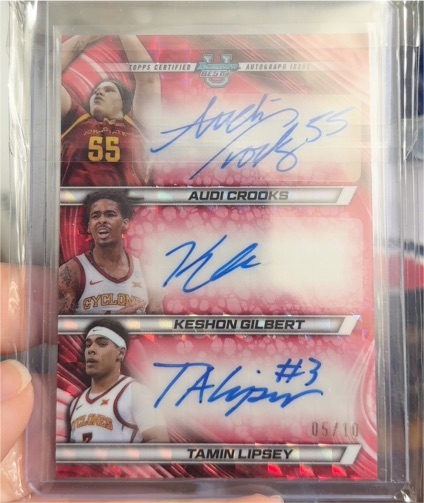 2023 Topps Bowman University Best Triple Auto #05/10 Audi Crooks/Keshon Gilbert/Tamin Lipsey — front