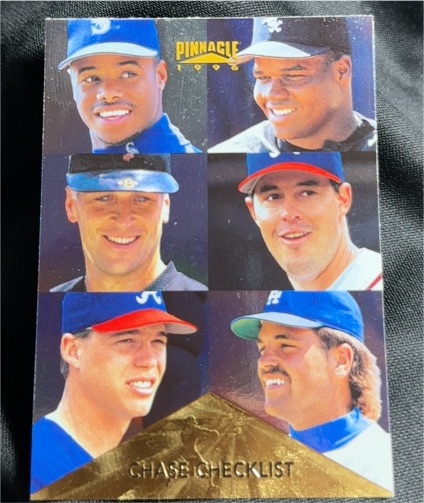 1996 Pinnacle #399 Chase Checklist Ken Griffey Jr., Cal Ripken Jr., Frank Thomas, Greg Maddux, Chipper Jones, Mike Piazza — front