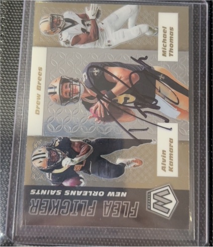 2020 Panini Mosaic Flea Flicker #FF12 Drew Brees, Alvin Kamara, Michael Thomas — front