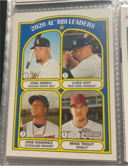 2021 Topps Heritage #88 2020 AL RBI Leaders Mike Trout / Jose Abreu / Luke Voit / Jose Ramirez — front