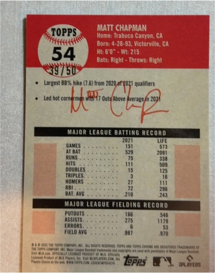 2022 Topps Chrome Platinum Anniversary #54 Matt Chapman — front