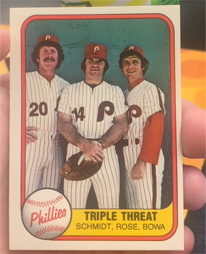 1981 Fleer #645 Triple Threat Mike Schmidt, Pete Rose, Larry Bowa — front